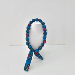 Authentic Polish Folk Art Fabric Covered Bead Necklace Blue Floral Choker